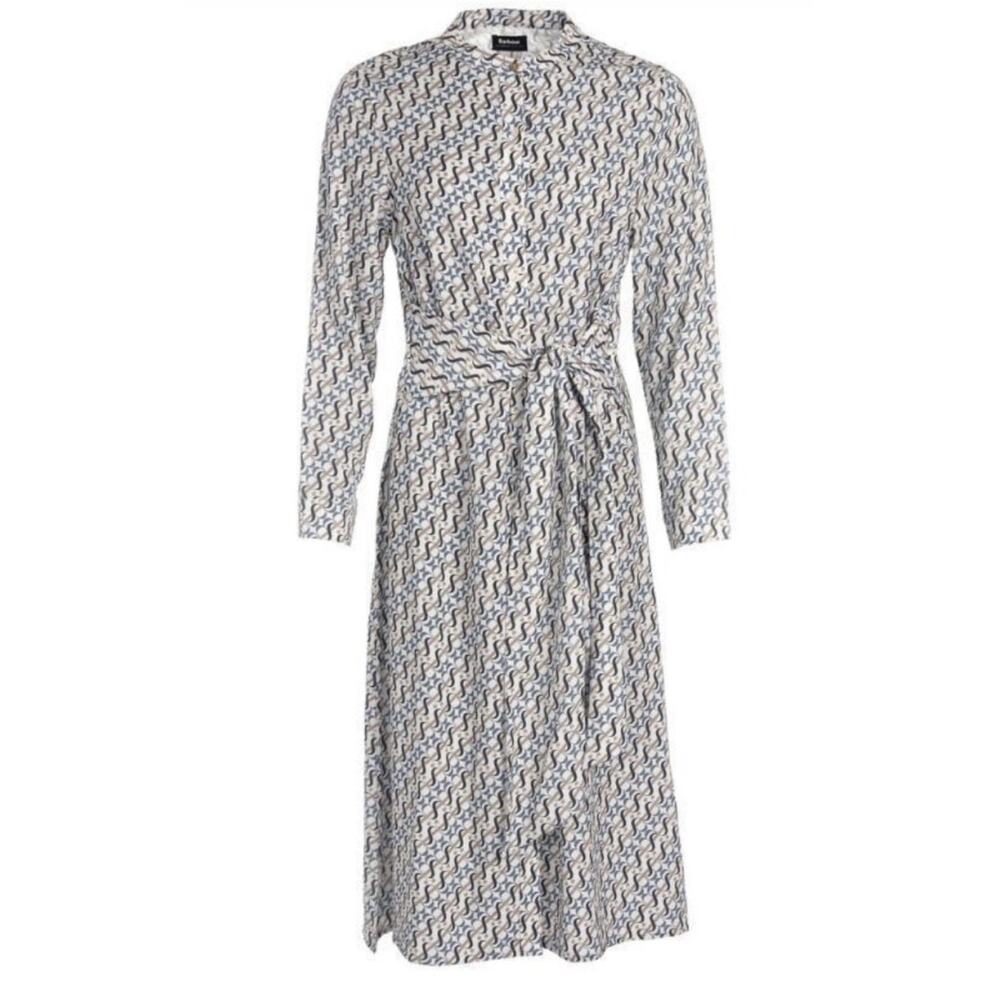 EUC Barbour Tartan Geometric Tie Belted Shirt Dress Ivory Background Midi s12